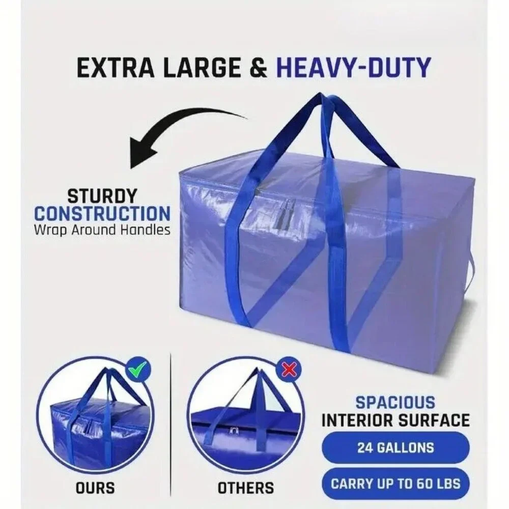 4 Large Moving Tote Bags W/ Zippers & Carrying Handles Heavy Duty Storage Blue